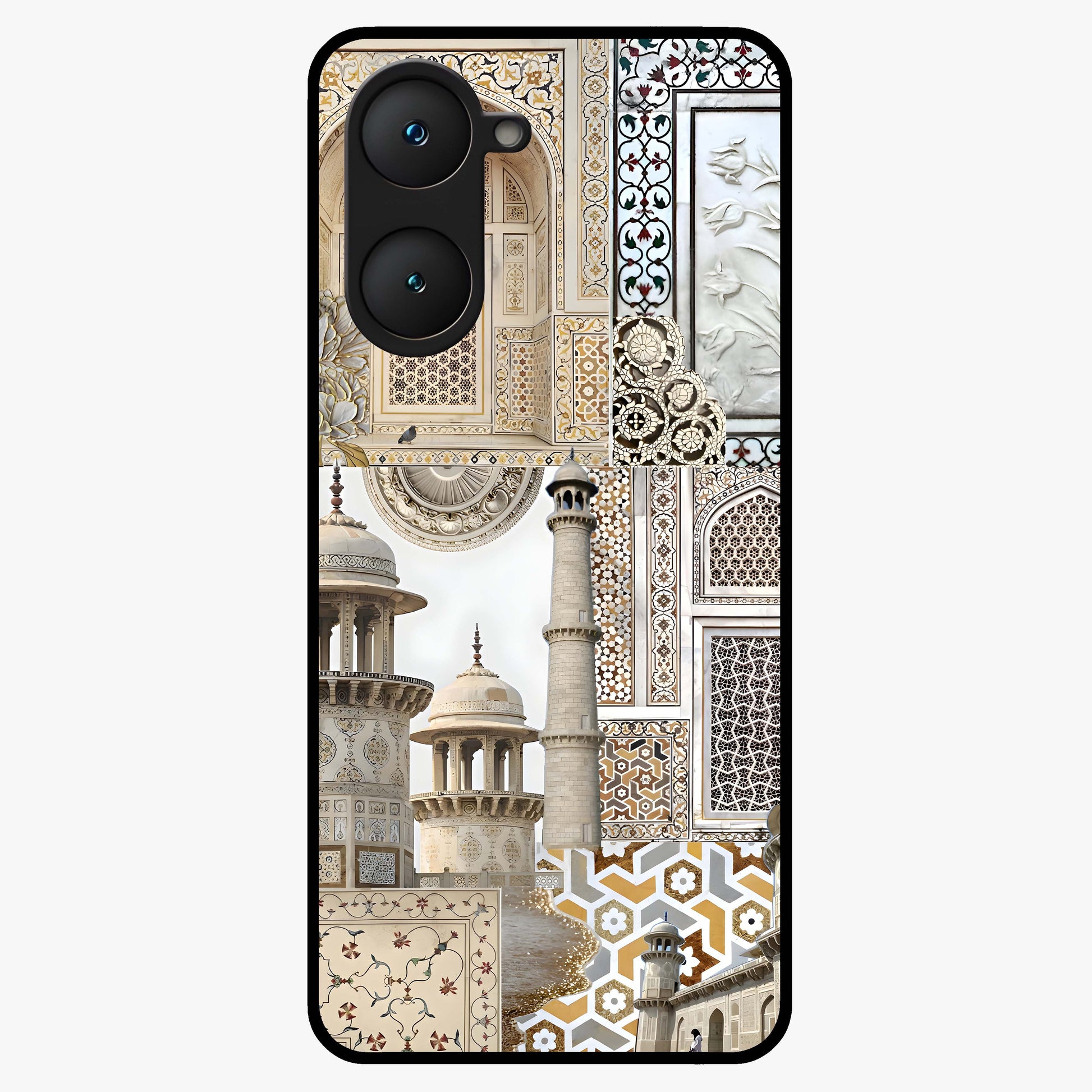 Mughal Marble Legacy Glass Case showing flat back view with intricate Mughal inspired marble pattern and glossy glass finish.