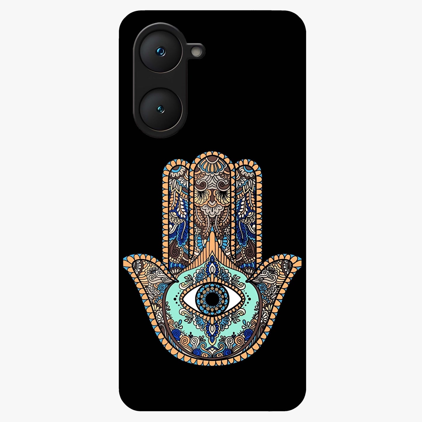 Mystic Hamsa Eye Glass Case showing flat back view with protective hamsa hand and evil eye artwork and glossy glass finish.