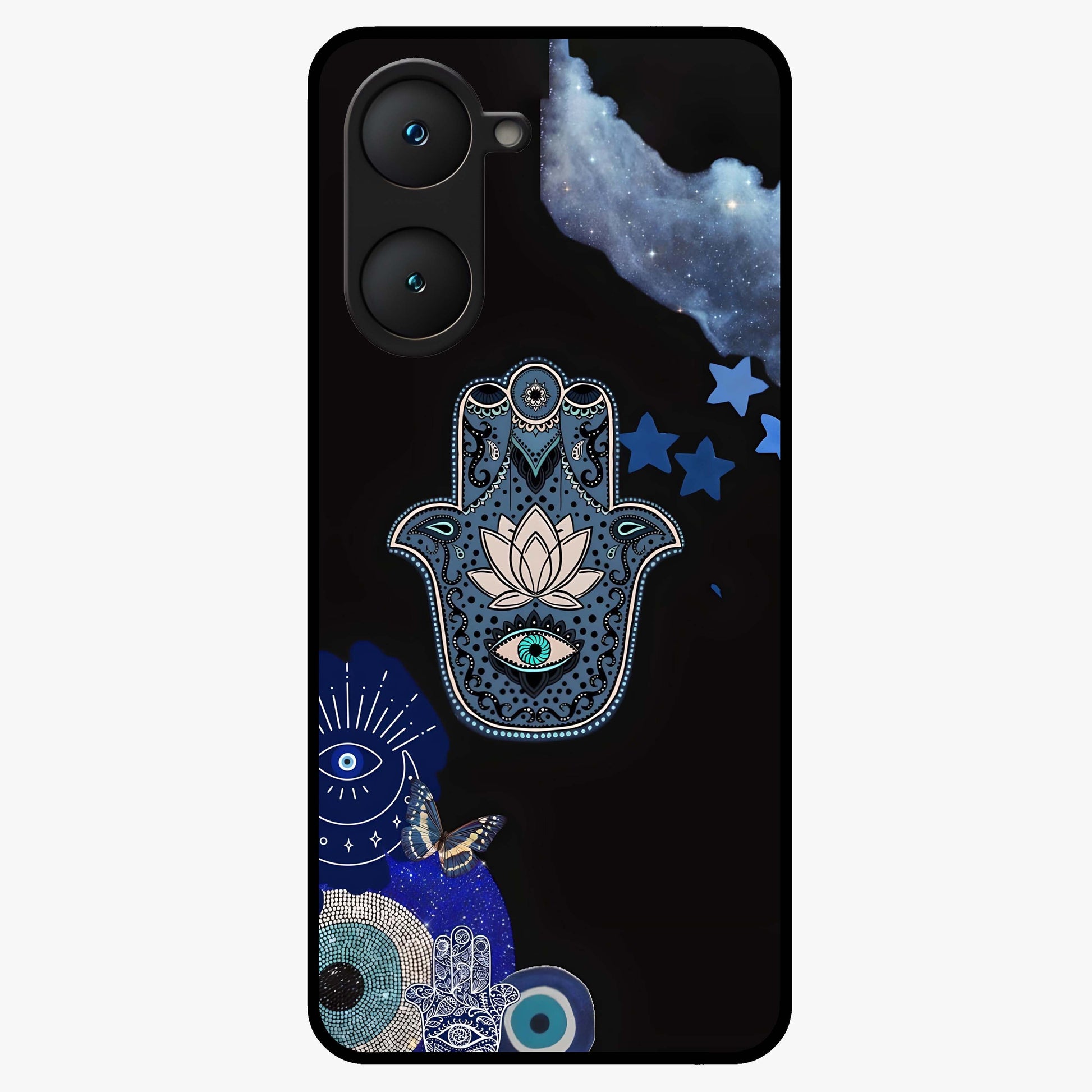 Mystic Hand Aura Glass Case showing flat back view with mystical hand symbol artwork and glossy glass finish.