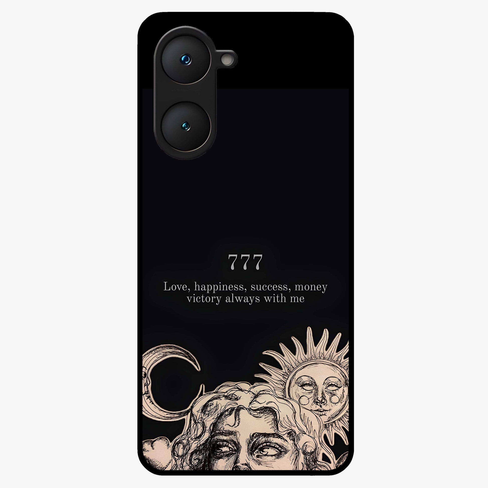 Mystic Victory Aura Glass Case showing flat back view with victory symbol artwork and glossy glass finish.