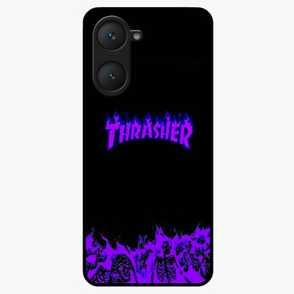 Neon Flame Riot Glass Case showing flat back view with neon flame artwork and glossy glass finish.