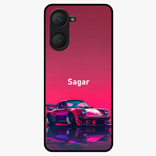 Neon Pink Porsche Glass Case showing flat back view with stylish sports car artwork and glossy glass finish.