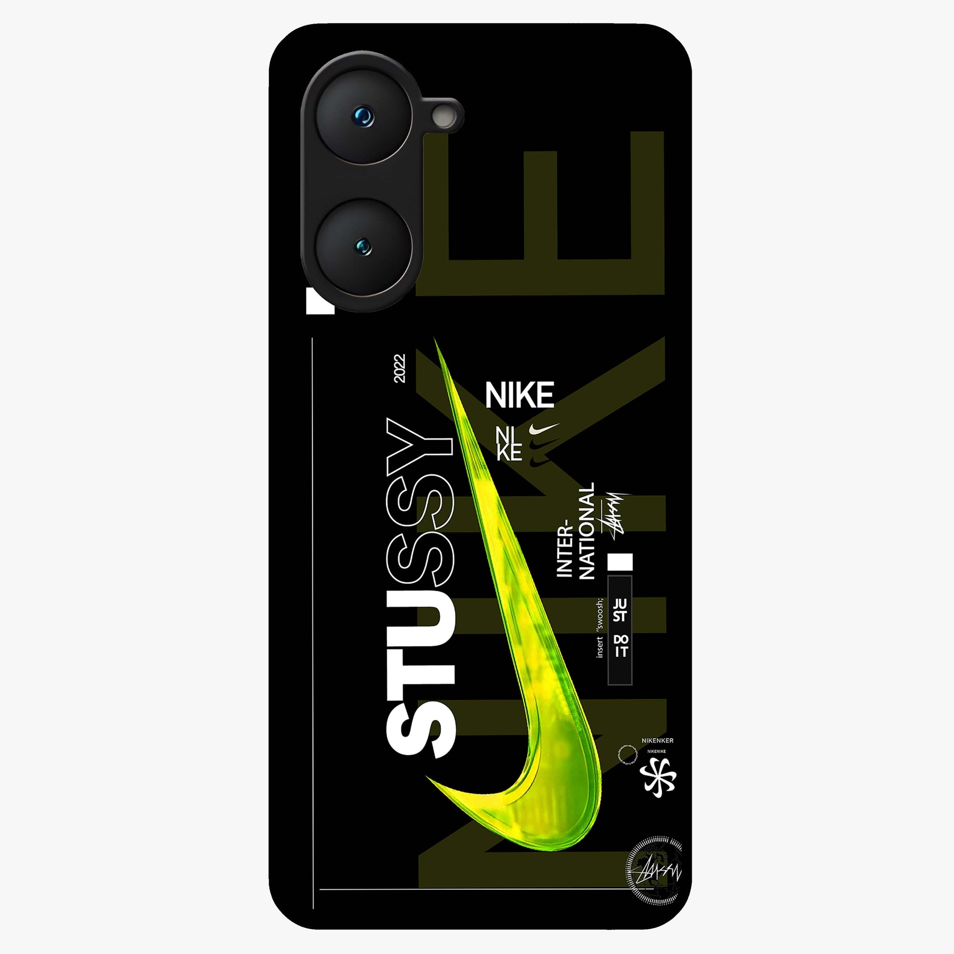 Neon Street Edition Glass Case showing flat back view with neon street style artwork and glossy glass finish.
