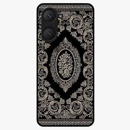 Noir Bloom Elegance Glass Case showing flat back view with elegant dark floral artwork and glossy glass finish.