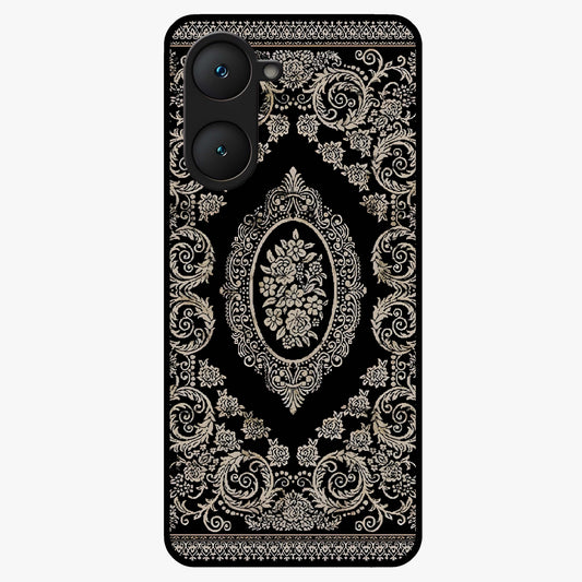 Noir Bloom Elegance Glass Case showing flat back view with elegant dark floral artwork and glossy glass finish.