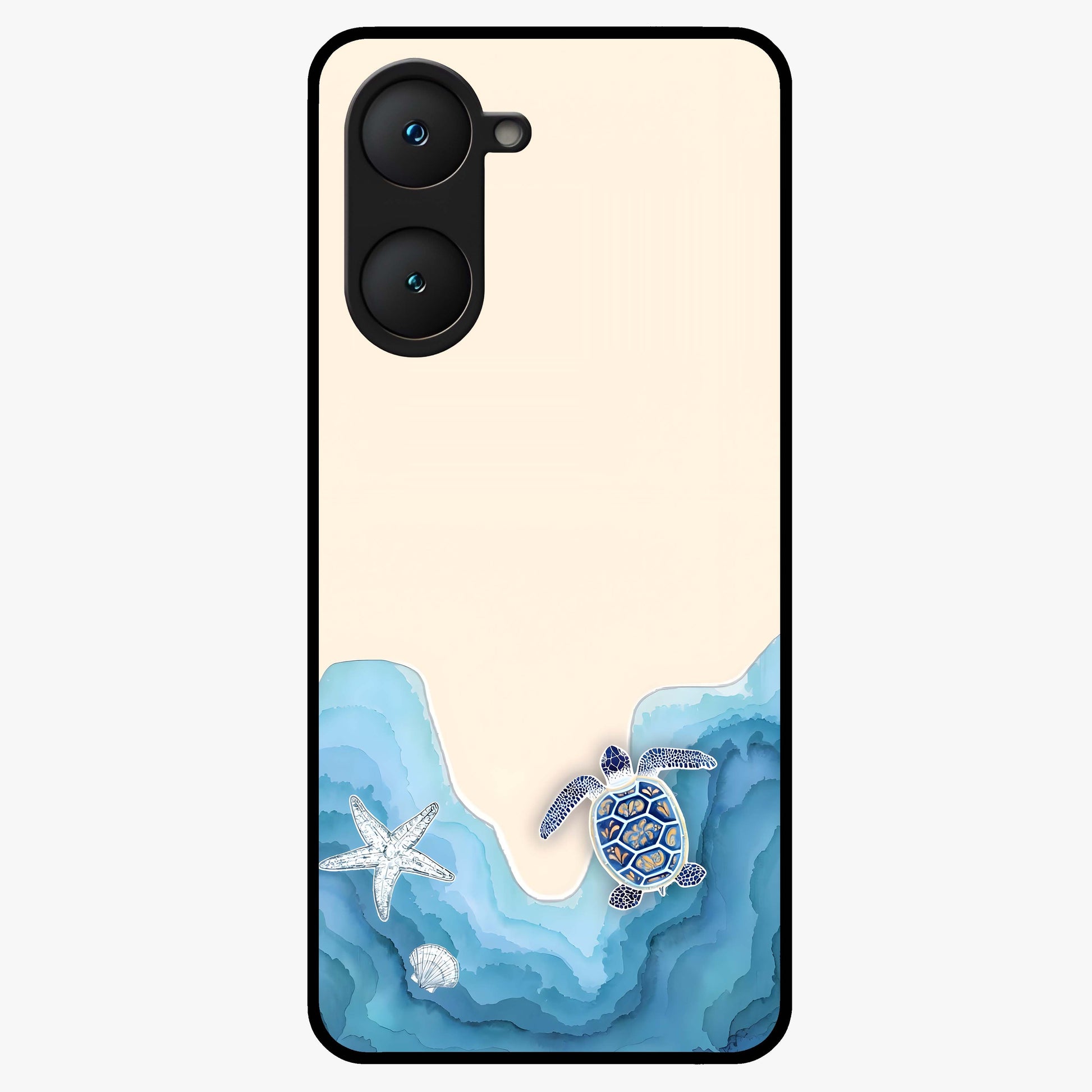Ocean Drift Turtle Glass Case showing flat back view with sea turtle artwork and glossy glass finish.