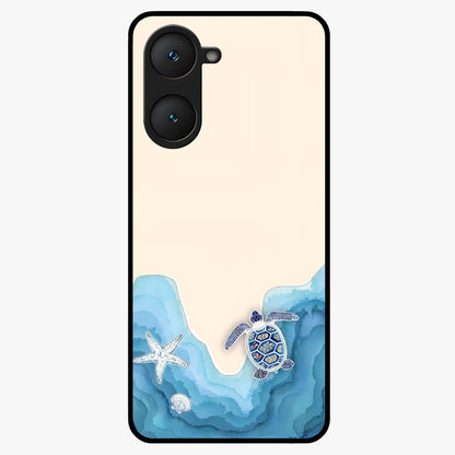 Ocean Drift Turtle Glass Case showing flat back view with sea turtle artwork and glossy glass finish.