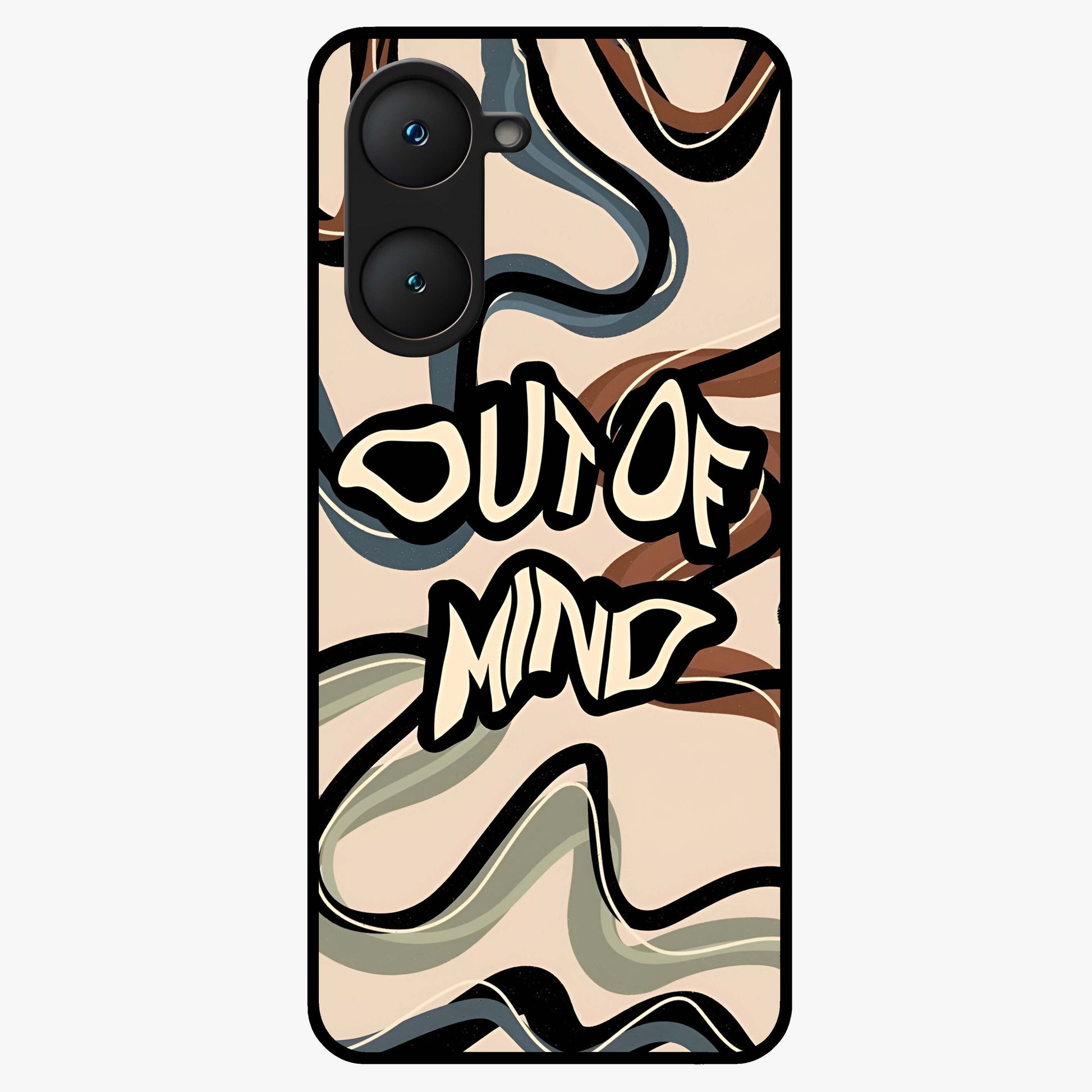 Out Of Mind Glass Case showing flat back view with expressive typography artwork and glossy glass finish.
