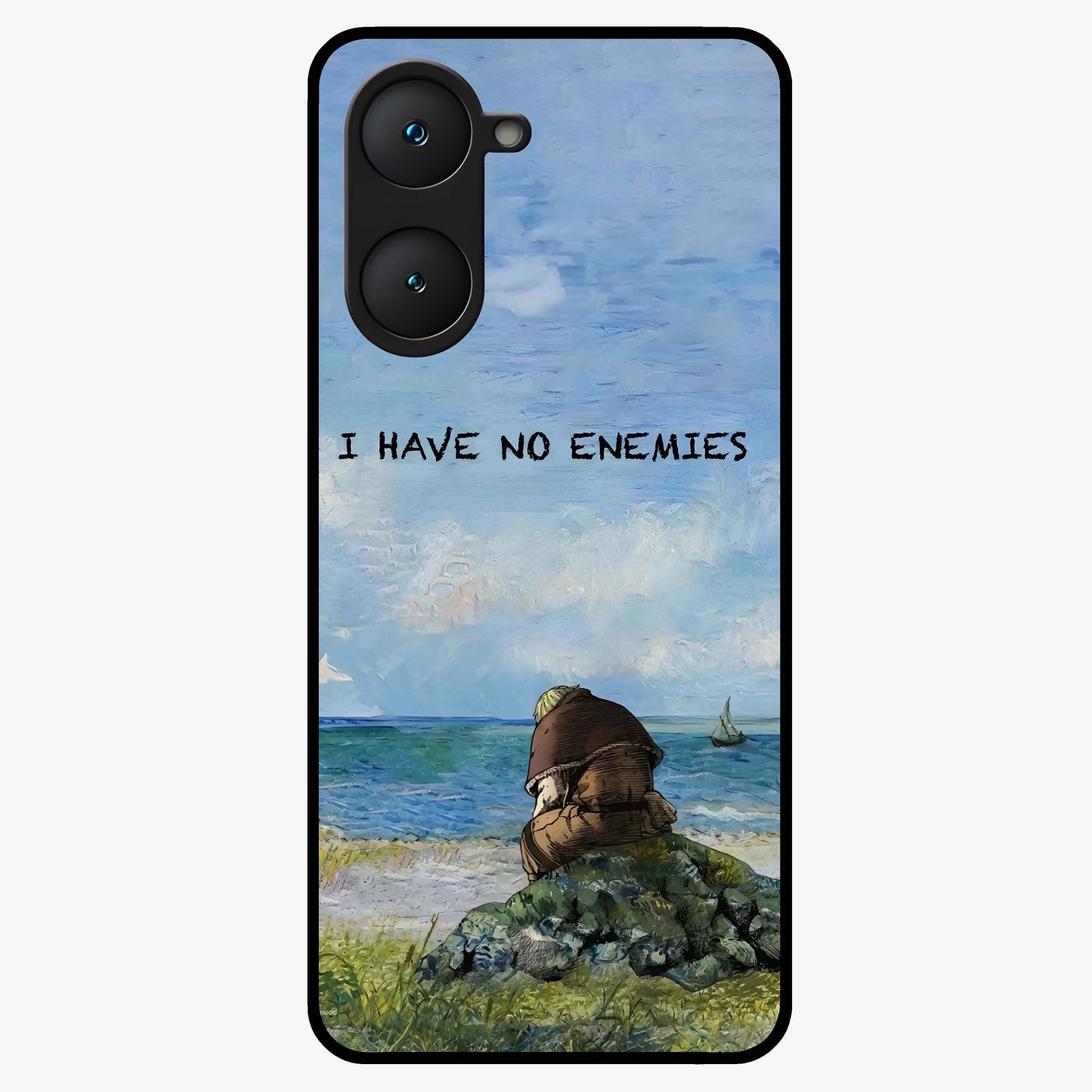 Peace Beyond War Glass Case showing flat back view with symbolic peace themed artwork and glossy glass finish.