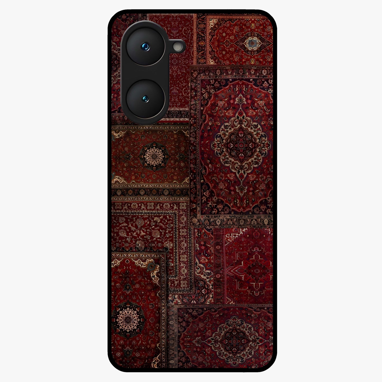 Persian Velvet Tale Glass Case showing flat back view with luxurious Persian velvet pattern artwork and glossy glass finish.