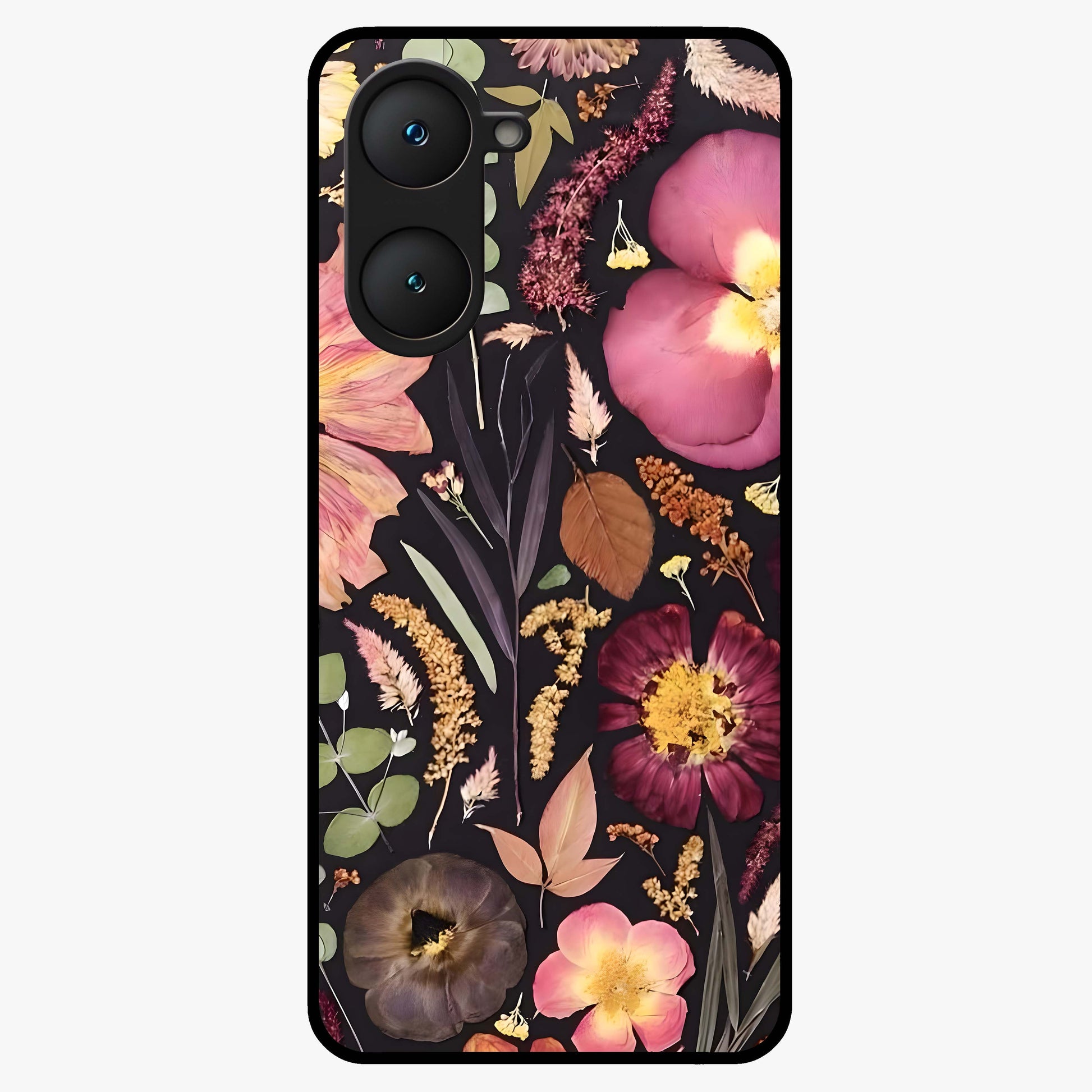 Petal Dream Tapestry Glass Case showing flat back view with intricate floral tapestry artwork and glossy glass finish.