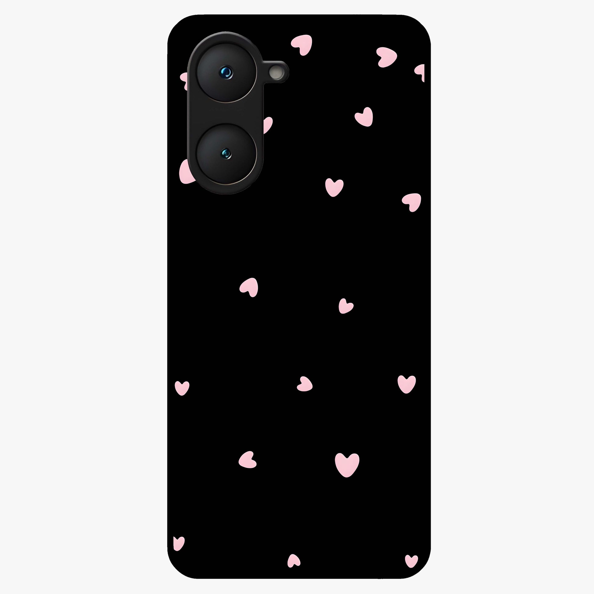 Pink Love Drops Glass Case showing flat back view with playful pink heart drops artwork and glossy glass finish.