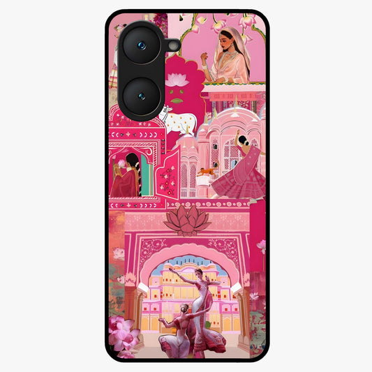 Pink Palace Muse Glass Case showing flat back view with elegant palace inspired artwork and glossy glass finish.