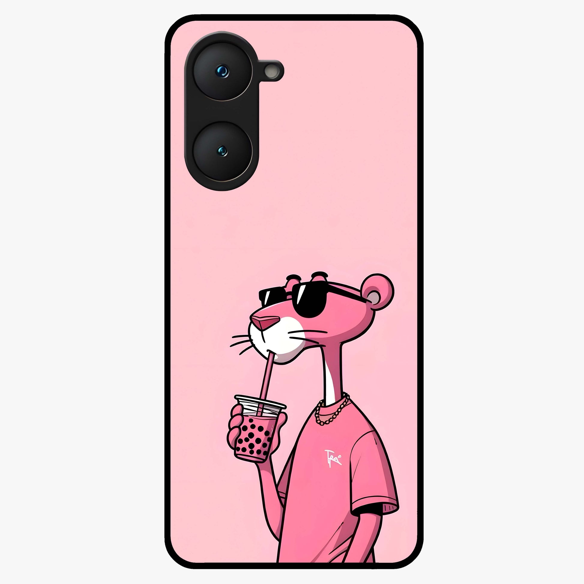Pink Panther Glass Case showing flat back view with iconic pink panther artwork and glossy glass finish.