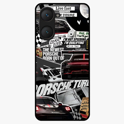 Porsche Racing Collage Glass Case showing flat back view with sports car racing collage artwork and glossy glass finish.