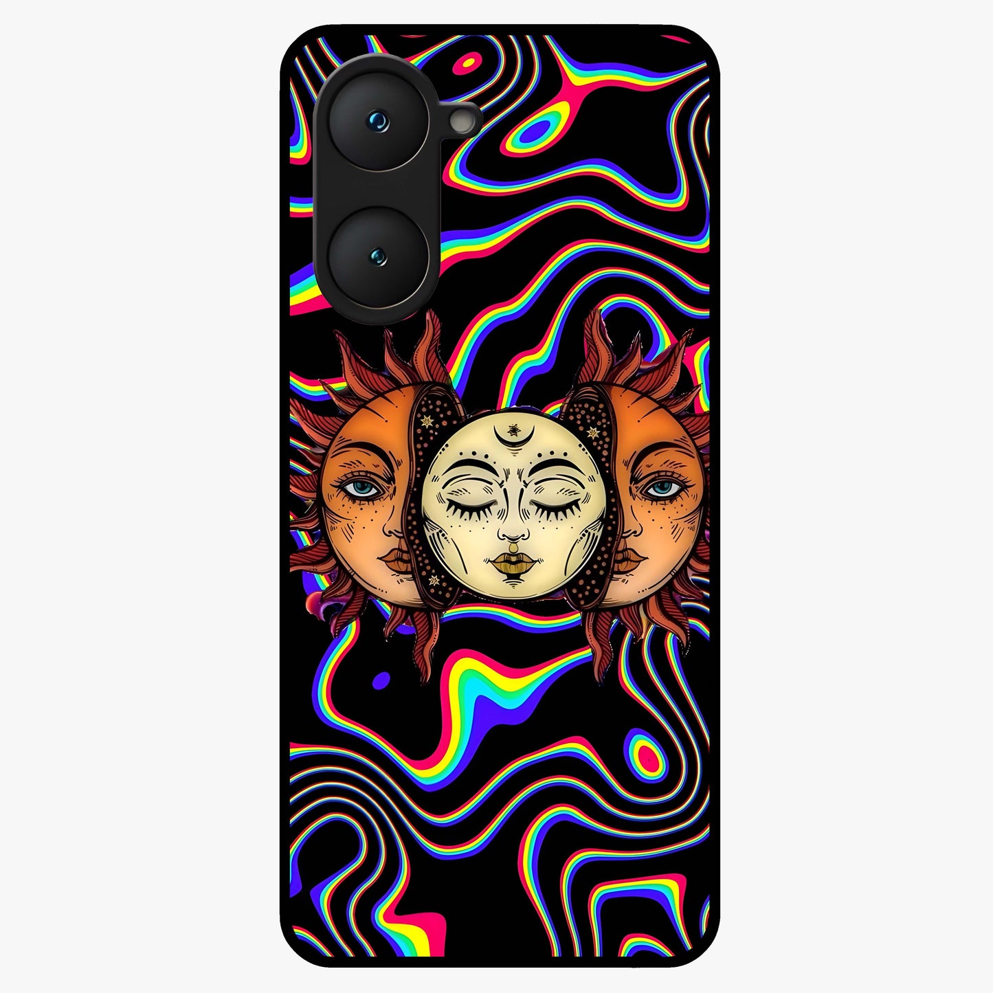 Psychedelic Sun Glass Case showing flat back view with colorful psychedelic sun artwork and glossy glass finish.
