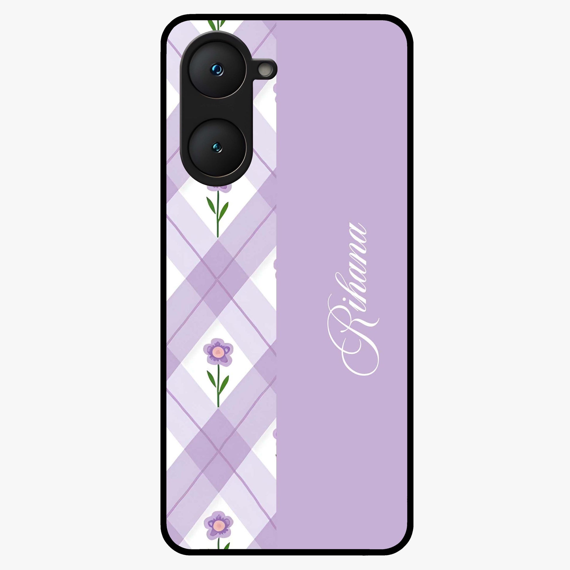 Purple Diamond Floral Glass Case showing flat back view with diamond shaped floral artwork and glossy glass finish.