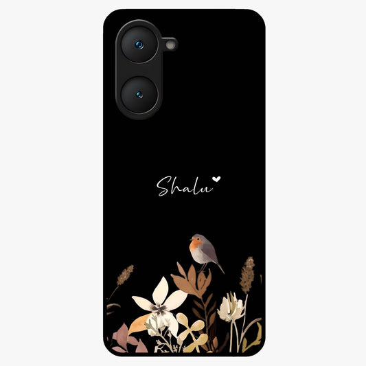 Quiet Garden Tune Custom Name Glass Case showing flat back view with peaceful garden artwork and personalized name design.