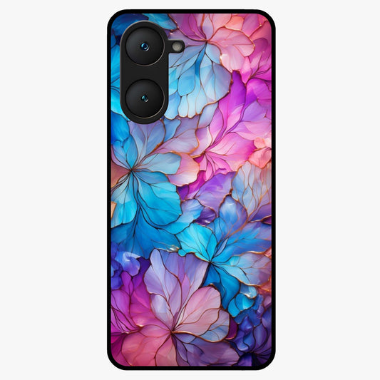 Radiant Floral Whirl Glass Case showing flat back view with swirling floral artwork and glossy glass finish.