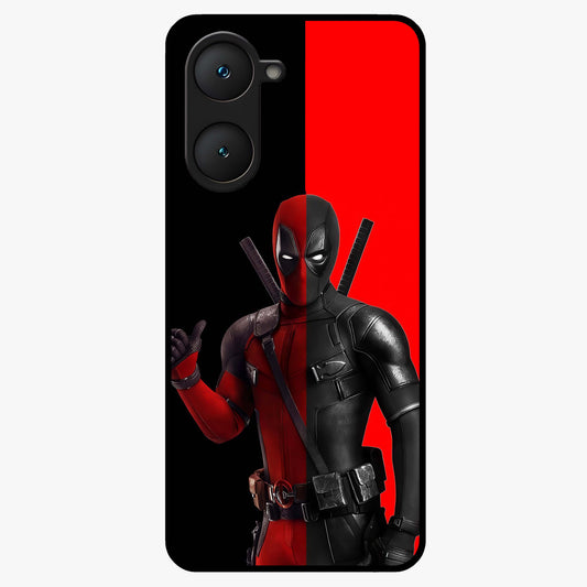 Red & Black Deadpool Theme Glass Case showing flat back view with bold comic inspired artwork and glossy glass finish.