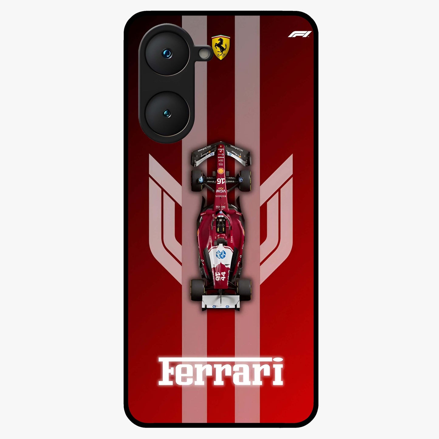Red Ferrari F1 Vertical Glass Case showing flat back view with sleek Formula racing car artwork and glossy glass finish.