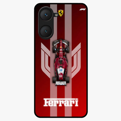 Red Ferrari F1 Vertical Glass Case showing flat back view with sleek Formula racing car artwork and glossy glass finish.