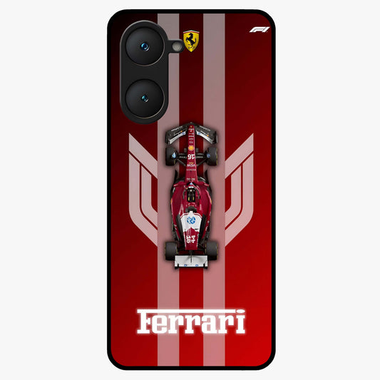 Red Ferrari F1 Vertical Glass Case showing flat back view with sleek Formula racing car artwork and glossy glass finish.