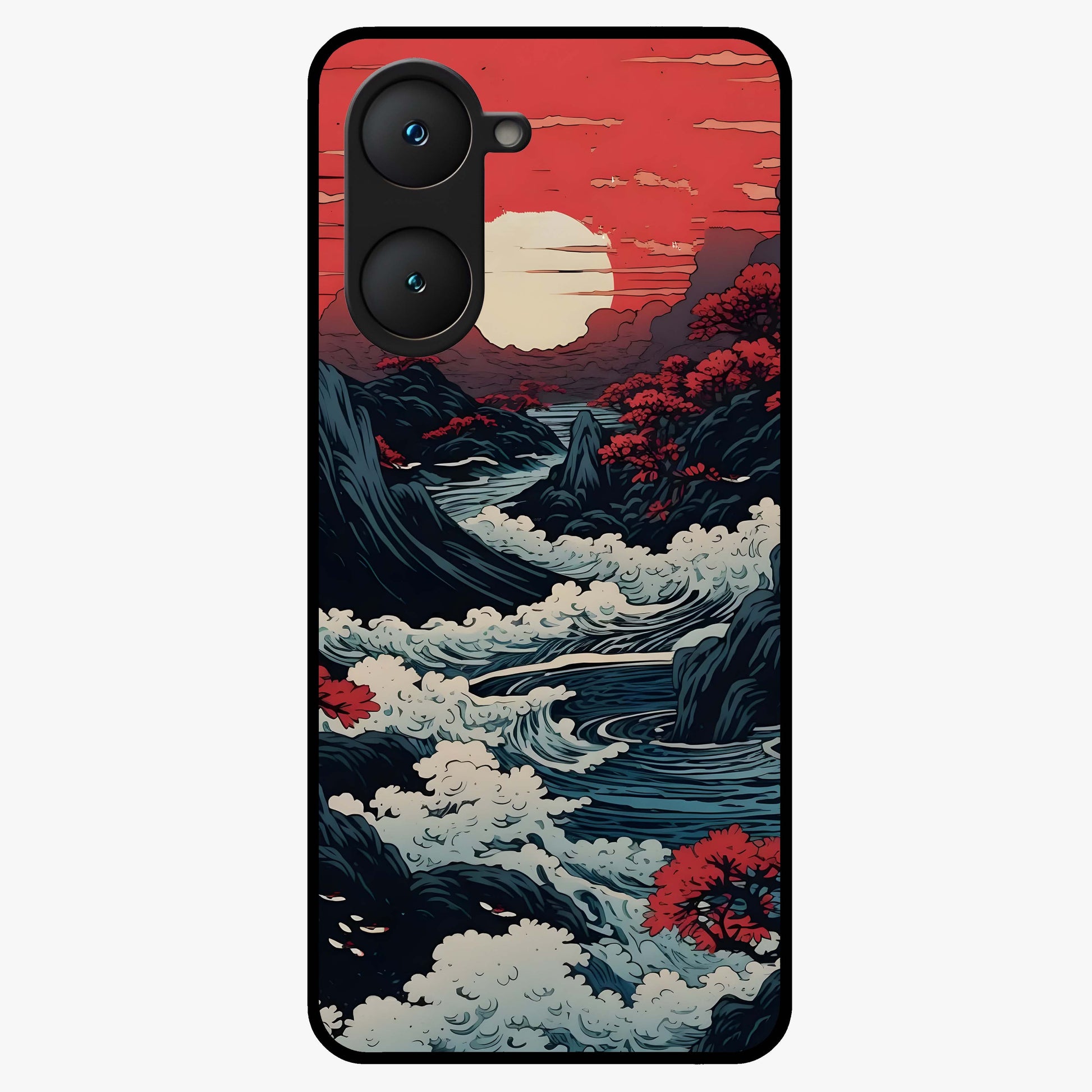 Red Sunset Scenery Glass Case showing flat back view with vibrant sunset landscape artwork and glossy glass finish.