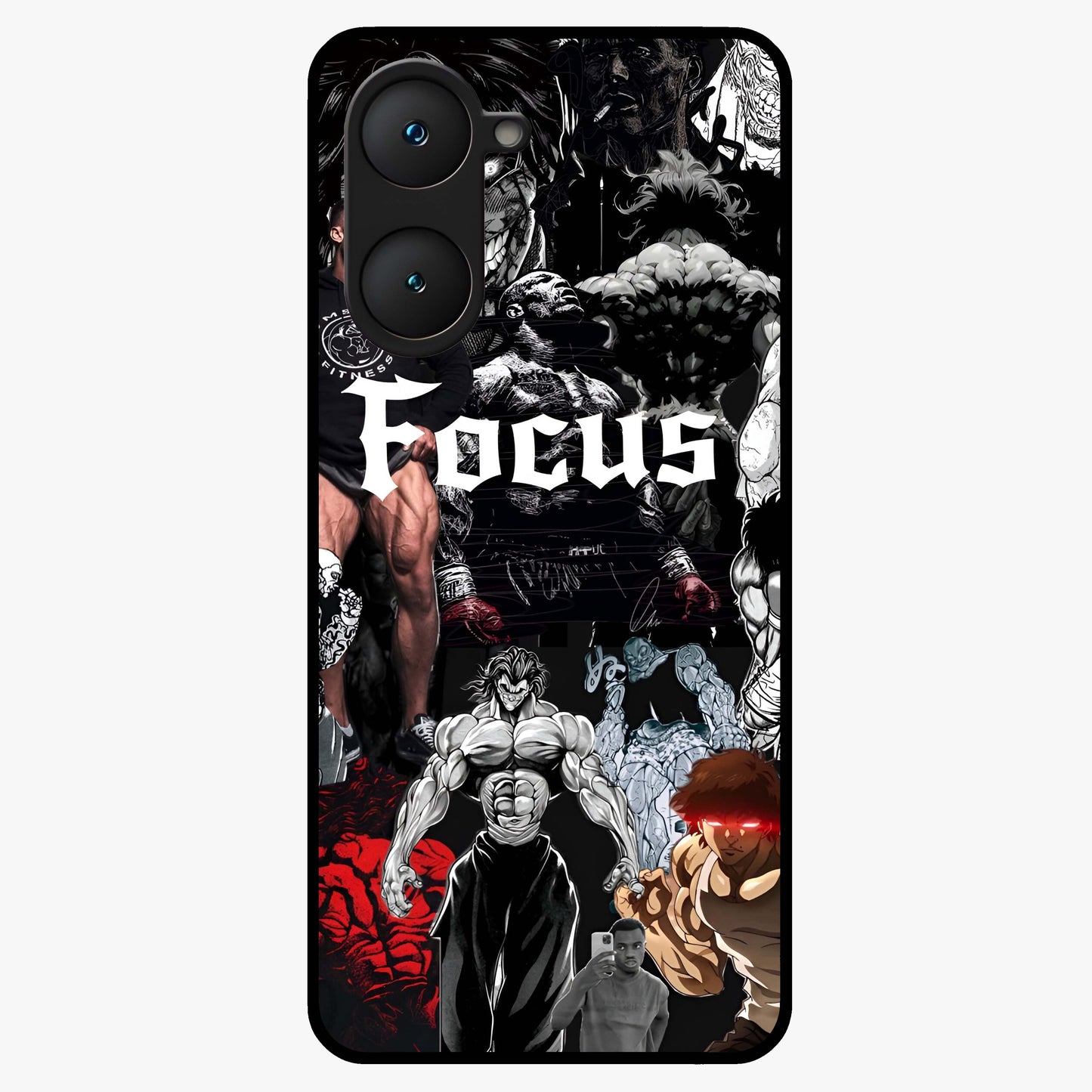 Relentless Power Focus Glass Case showing flat back view with motivational typography artwork and glossy glass finish.