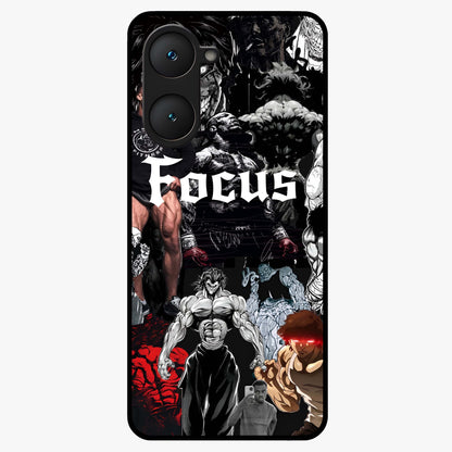 Relentless Power Focus Glass Case showing flat back view with motivational typography artwork and glossy glass finish.