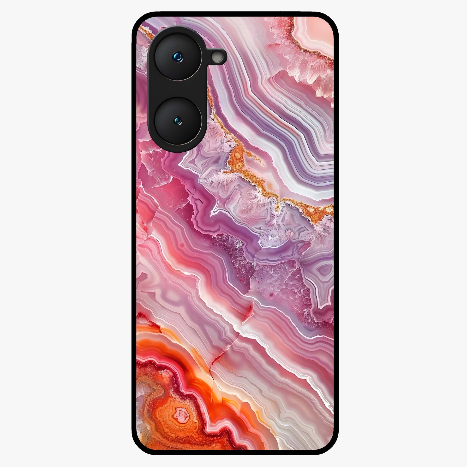 Rose Quartz Marble Glass Case showing flat back view with pink marble quartz texture artwork and glossy glass finish.