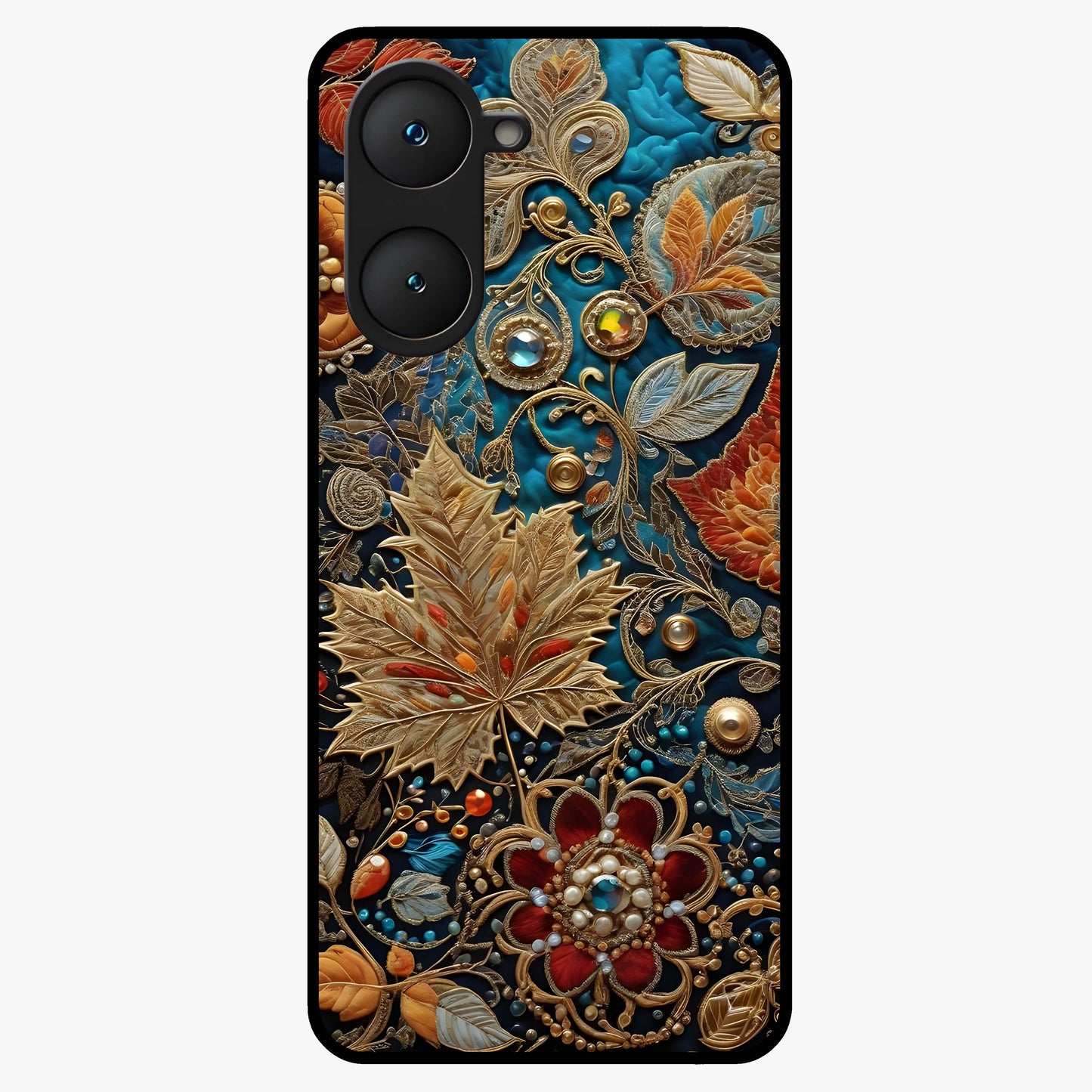 Royal Jewel Garden Glass Case showing flat back view with decorative floral garden artwork and glossy glass finish.