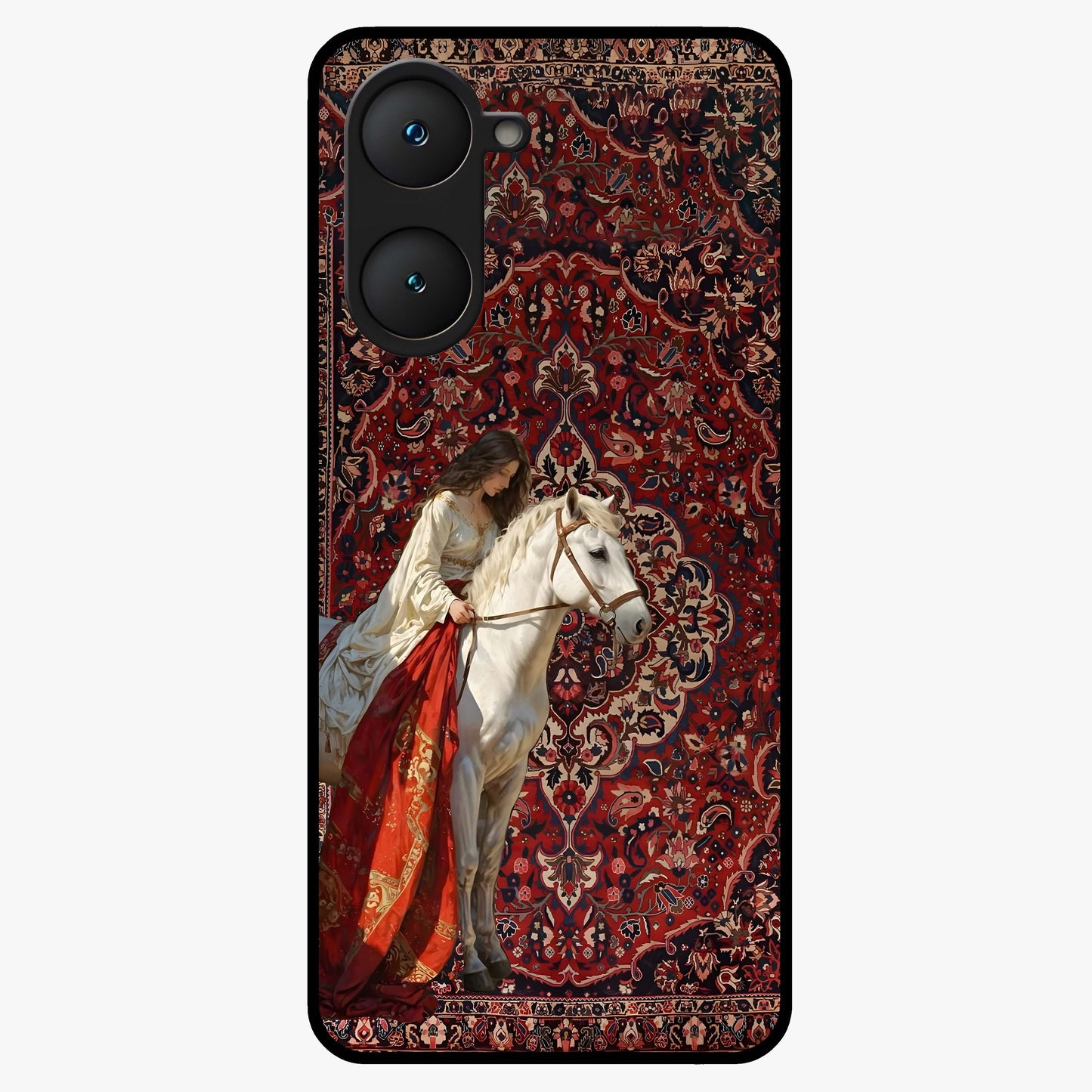 Royal Rider Tapestry Glass Case showing flat back view with majestic horse rider tapestry artwork and glossy glass finish.
