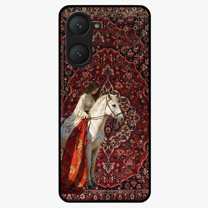 Royal Rider Tapestry Glass Case showing flat back view with majestic horse rider tapestry artwork and glossy glass finish.