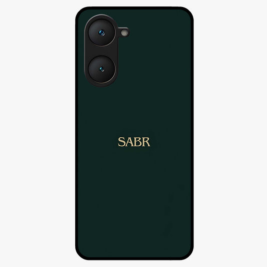 Sabr Minimal Patience Glass Case showing flat back view with minimalist typography artwork and glossy glass finish.