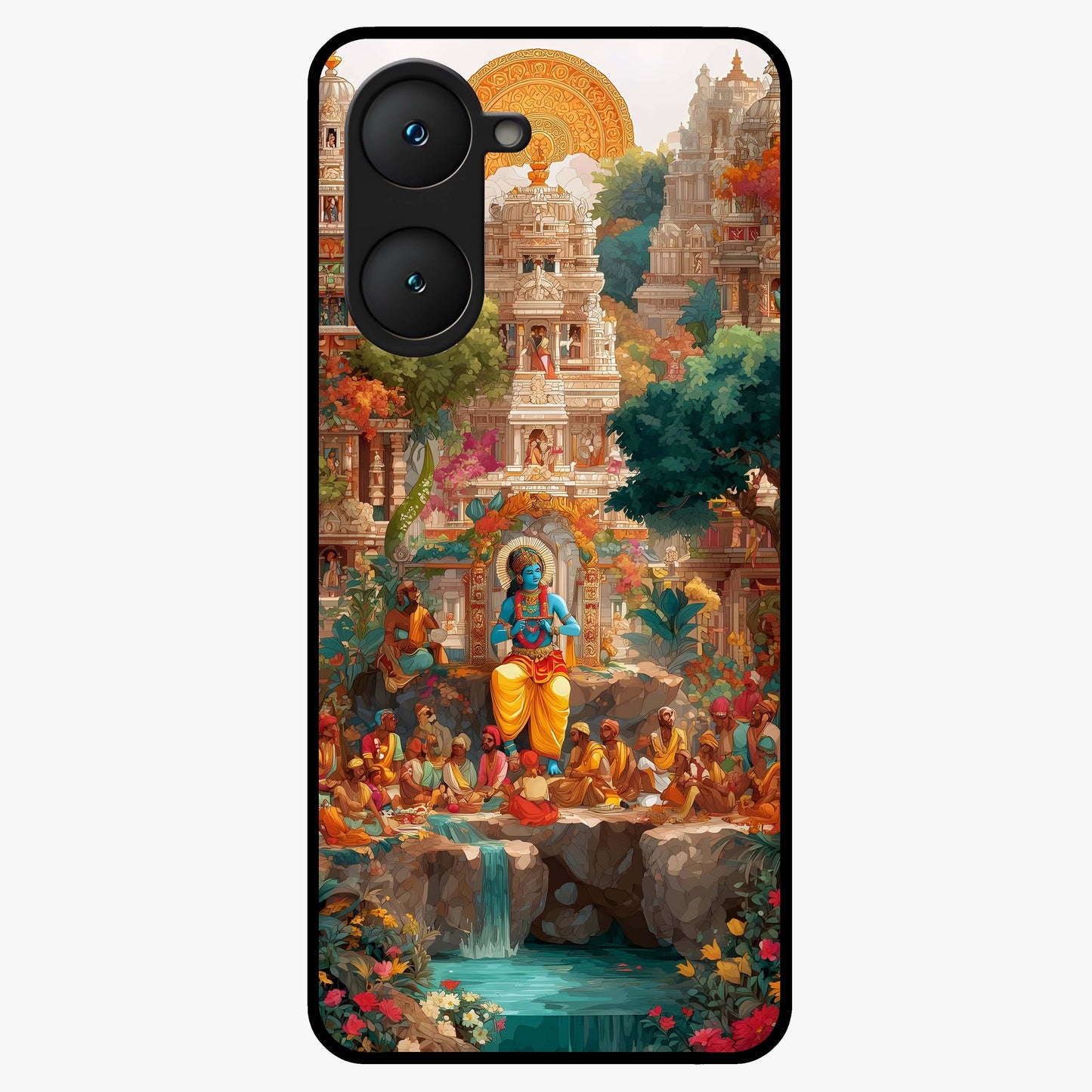 Sacred Sunlight Gods Glass Case showing flat back view with divine sunlight themed artwork and glossy glass finish.