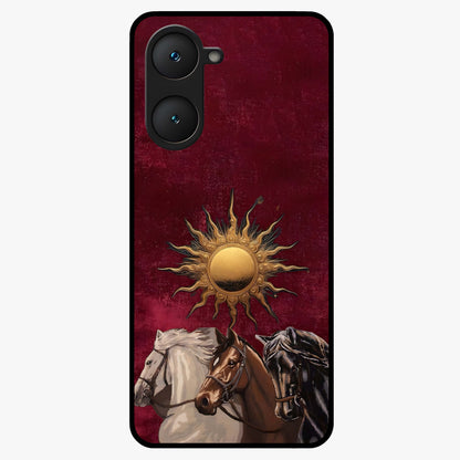 Solar Riders Glass Case showing flat back view with dynamic rider themed artwork and glossy glass finish.