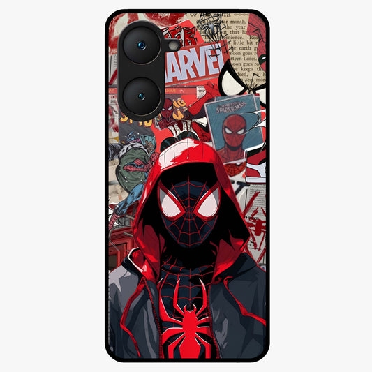 Spider Collage Street Glass Case showing flat back view with vibrant superhero collage artwork and glossy glass finish.