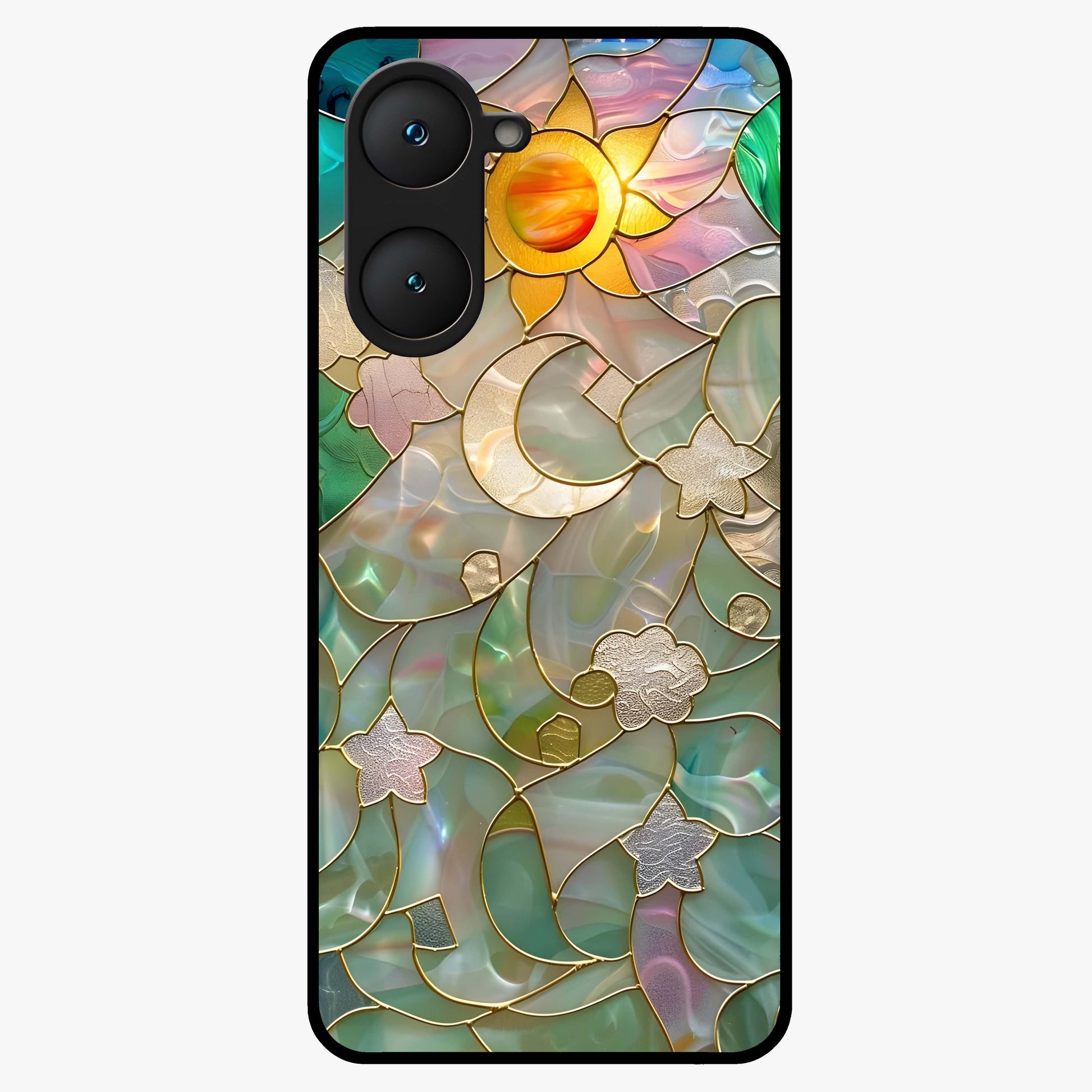 Stained Sunrise Glow Glass Case showing flat back view with glowing sunrise stained pattern artwork and glossy glass finish.