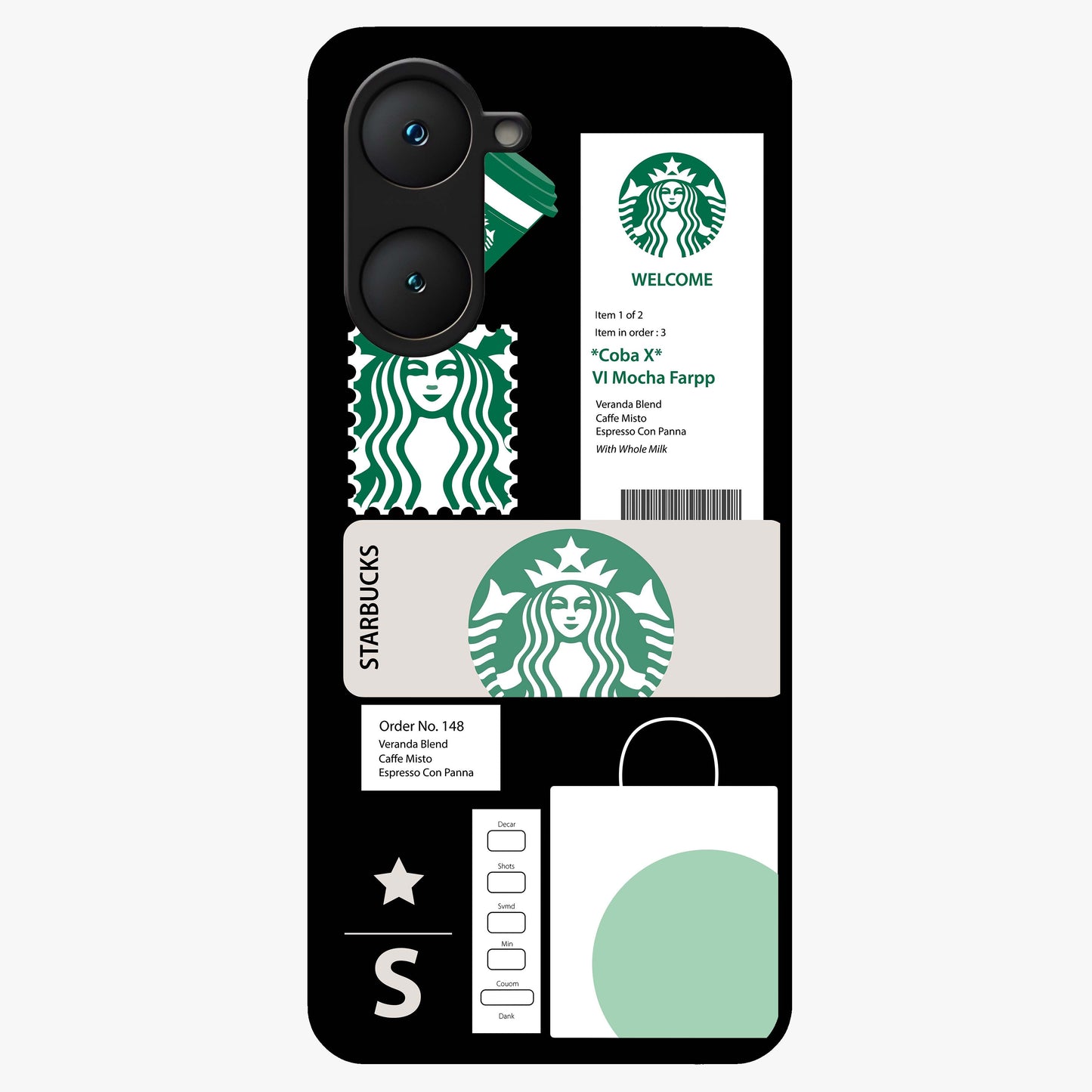 Starbucks Mocha Glass Case showing flat back view with coffee inspired artwork and glossy glass finish.