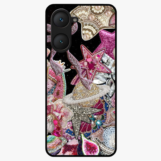 Starlit Jewel Dream Glass Case showing flat back view with sparkling jewel and star themed artwork and glossy glass finish.