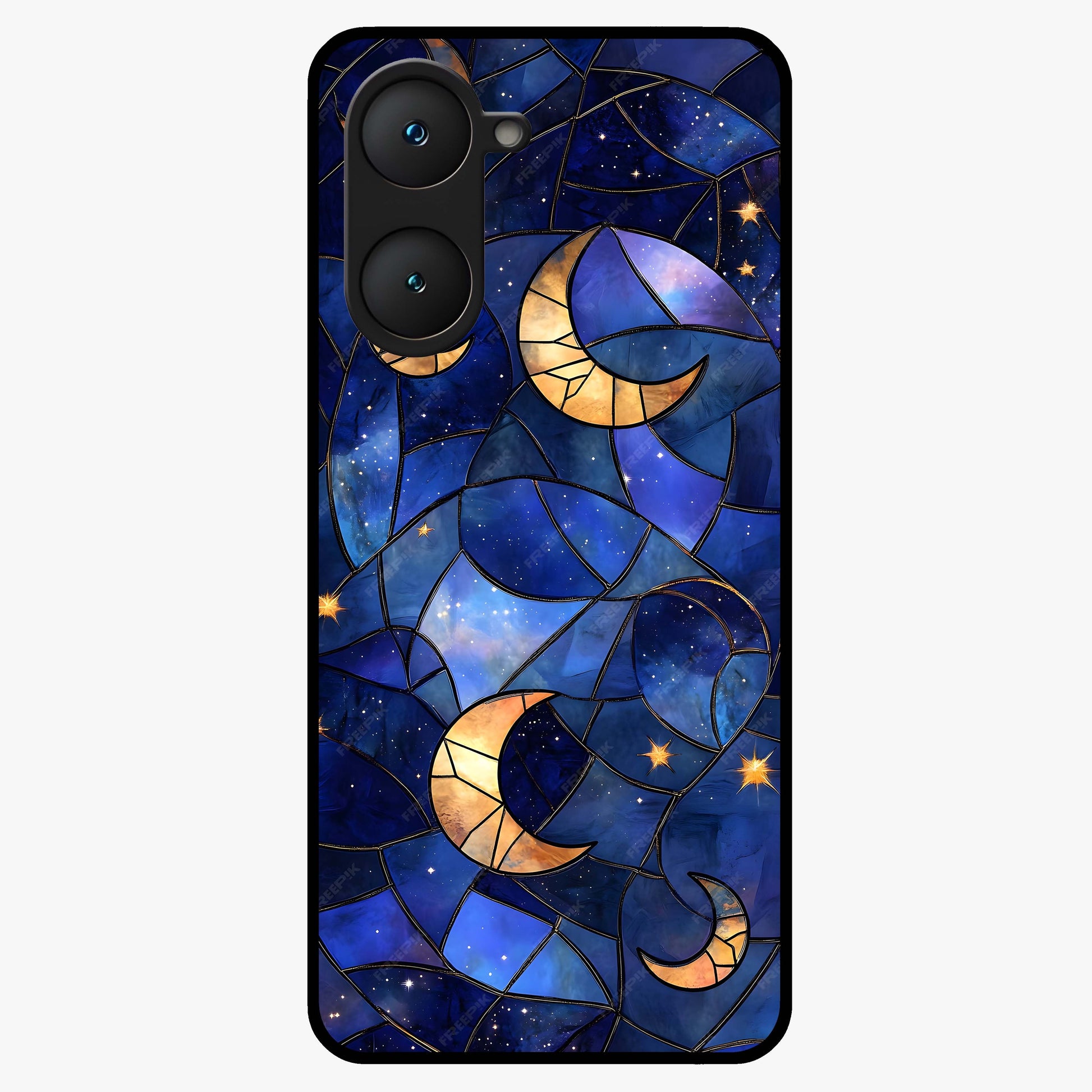 Starlit Sky Tapestry Glass Case showing flat back view with decorative starry sky tapestry artwork and glossy glass finish.
