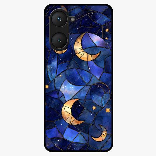 Starlit Sky Tapestry Glass Case showing flat back view with decorative starry sky tapestry artwork and glossy glass finish.