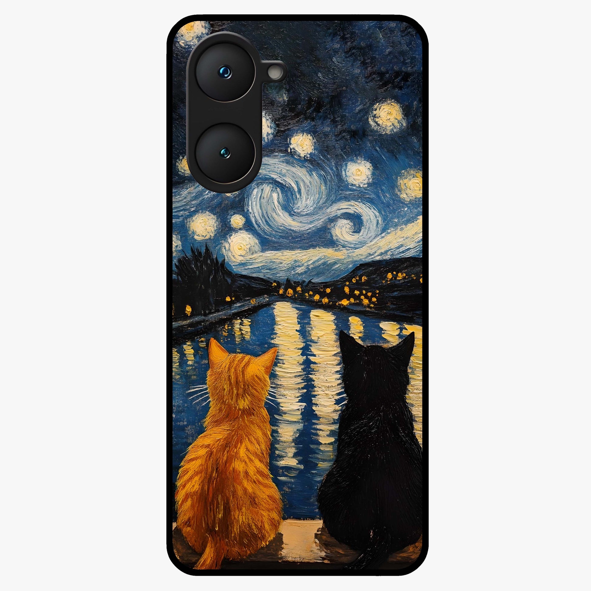 Starry River Cats Glass Case showing flat back view with cats by a starry river artwork and glossy glass finish.
