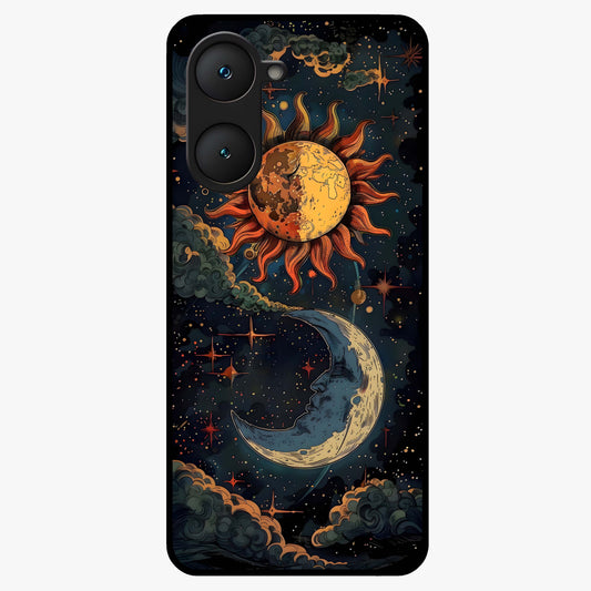 Sun And Moon Magic Design Glass Case showing flat back view with mystical sun and moon artwork and glossy glass finish.