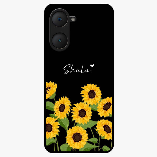 Sunflower Chic Mood Custom Name Glass Case showing flat back view with stylish sunflower artwork and personalized name design.