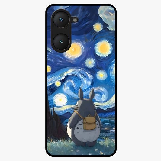 Totoro In Van Gogh Art Glass Case showing flat back view with whimsical character artwork inspired by Van Gogh style and glossy glass finish.