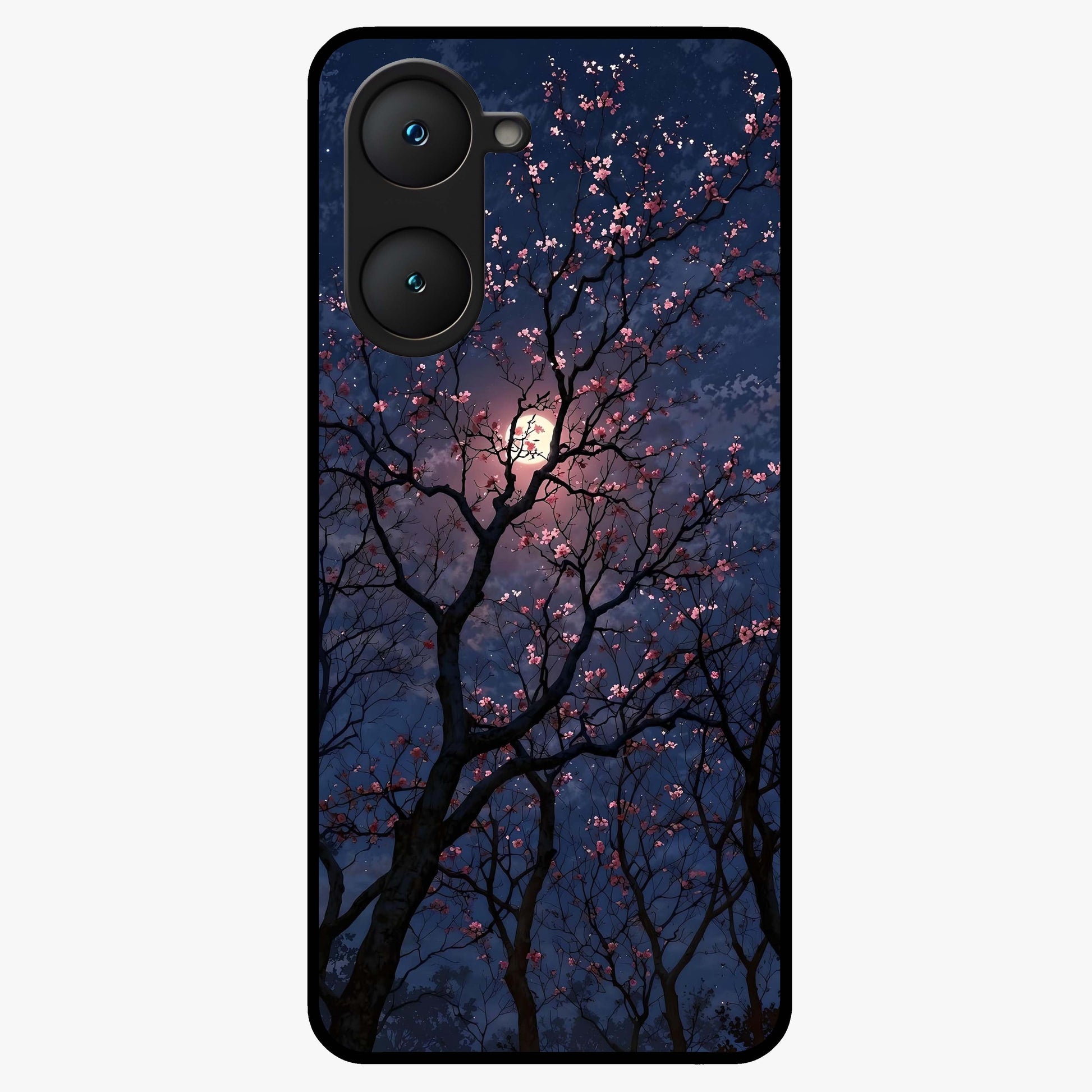 Twilight Sakura Serenade Glass Case showing flat back view with cherry blossom artwork at twilight and glossy glass finish.