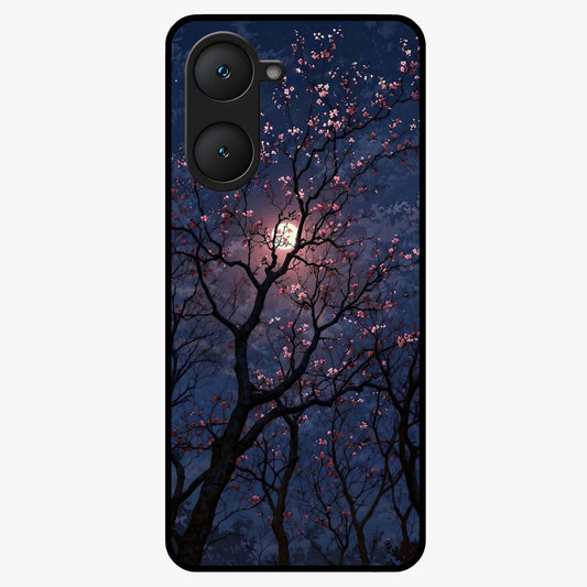 Twilight Sakura Serenade Glass Case showing flat back view with cherry blossom artwork at twilight and glossy glass finish.