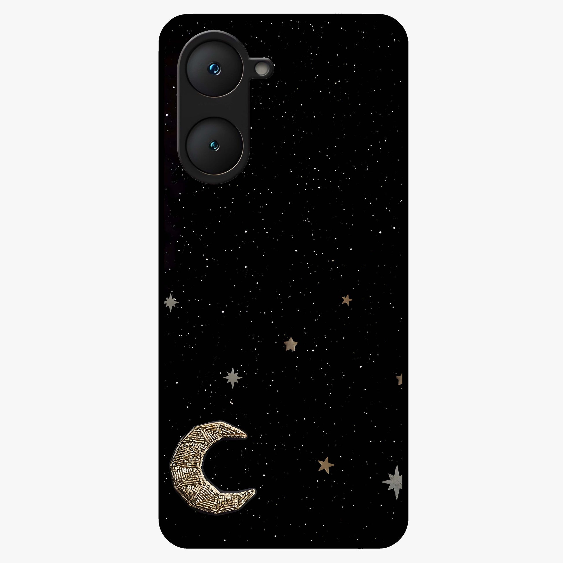 Twinkle Star With Half Moon Glass Case showing flat back view with star and half moon artwork and glossy glass finish.